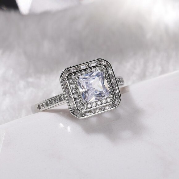 Luxury Engagement Clear Gem CZ Large Square Noble Thin Wedding Ring, K864 - Picture 6 of 7